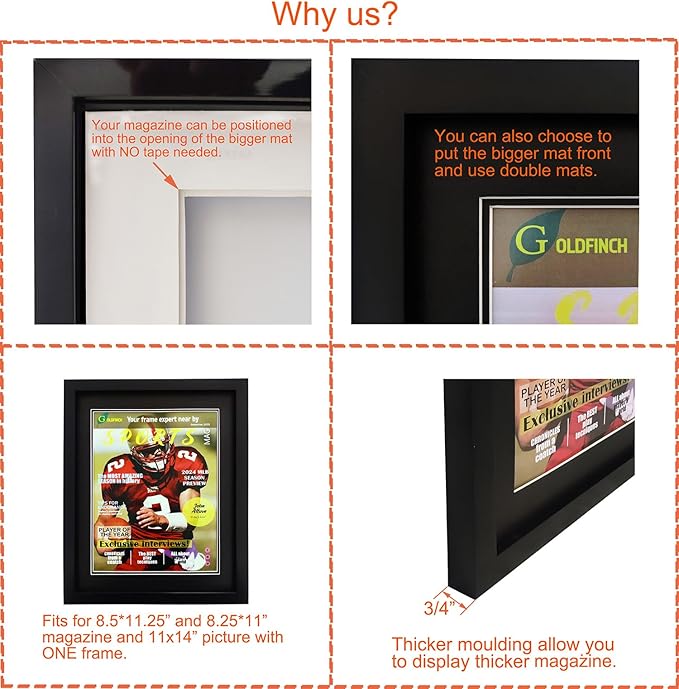 Goldfinch 4 Packs Sports Magazine Frame Displays Magazines Measuring 8.5 x 11.25 or 8.25 x 11 inches with Double Black Core Matting, Deep Frame Moulding, with Installed Hangers