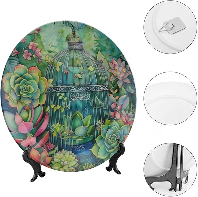 Garden Scenery Theme Decorative Ceramic Plate Round Porcelain Plate,Succulents and Bird Cage Pattern,for Decorative Ornaments Giving Plates, 1 Plate with 1 Display Stand,Green,6 inch