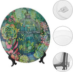 Garden Scenery Theme Decorative Ceramic Plate Round Porcelain Plate,Succulents and Bird Cage Pattern,for Decorative Ornaments Giving Plates, 1 Plate with 1 Display Stand,Green,8 inch