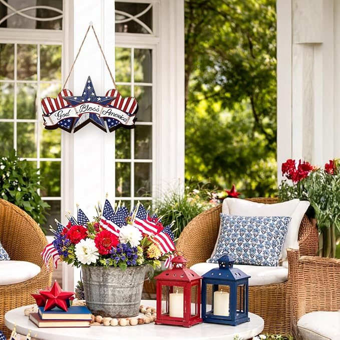 Wooden 4th of July Decorations Patriotic Wreath Independence Day Decorations Front Door with Star Sign god Bless America Sign Welcome Memorial Day Hanging for Home Wall Decor Outdoor Indoor