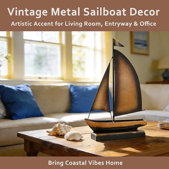 Retro Metal Sailboat Decor, Iron Nautical Sculpture for Home, Vintage Boat Figurine for Living Room Table, Office Desk, Bookshelf, Coastal Style Decoration (Brass)