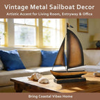 Retro Metal Sailboat Decor, Iron Nautical Sculpture for Home, Vintage Boat Figurine for Living Room Table, Office Desk, Bookshelf, Coastal Style Decoration (Brass)