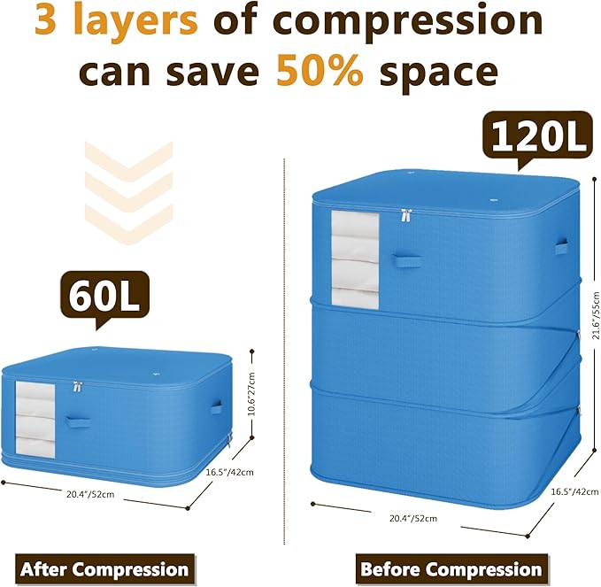3-Layer Compressible with Zippers Blanket & Comforter Storage Bag,Ultra Space Saving Self Compression Organizer，Save 50% Space, 4 PCS，Blue