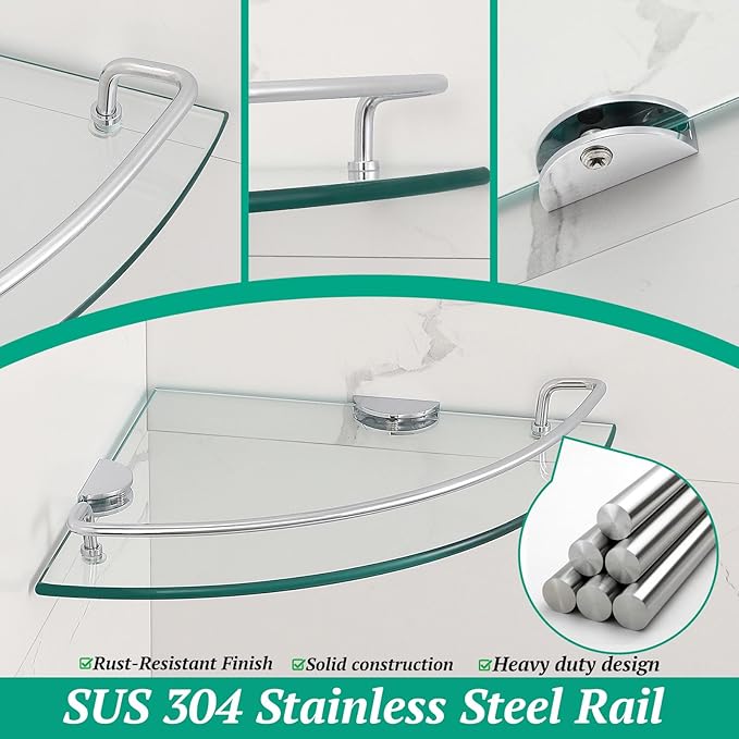 2 Ties Glass Corner Shelf with SUS 304 Stainless Steel Rail Chrome Finished, Esquinero para baños, Rustproof Tempered Glass Shelf, Shower Caddy Organizer 9.8" x 9.8"