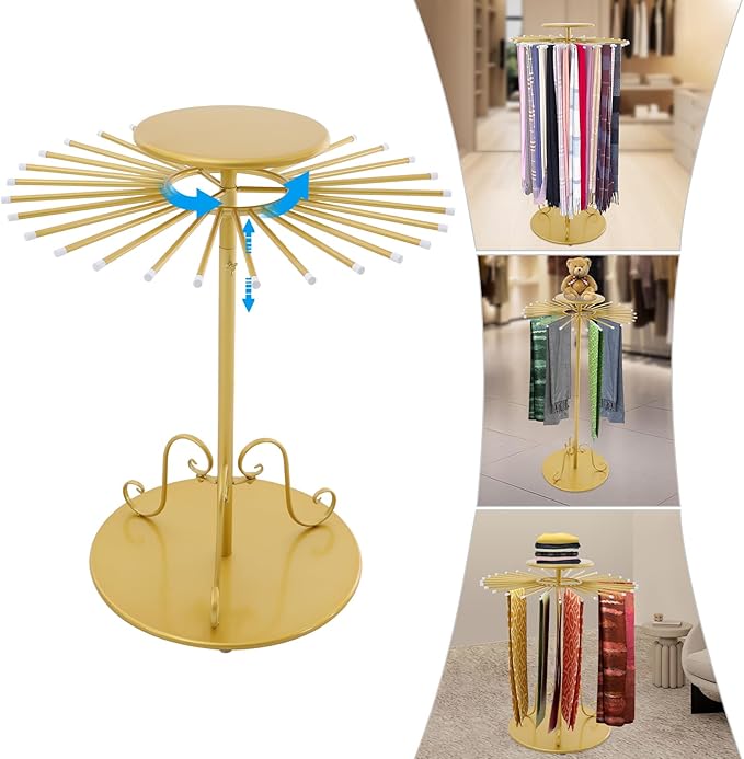 Freestanding Scarf Display Stand Up to 30lbs Capacity, Height Adjustable Scarf Holder Organizer Gold Exquisite Tie Organizer Hanging Rack for Boutique Home Shopping Malls Apartments