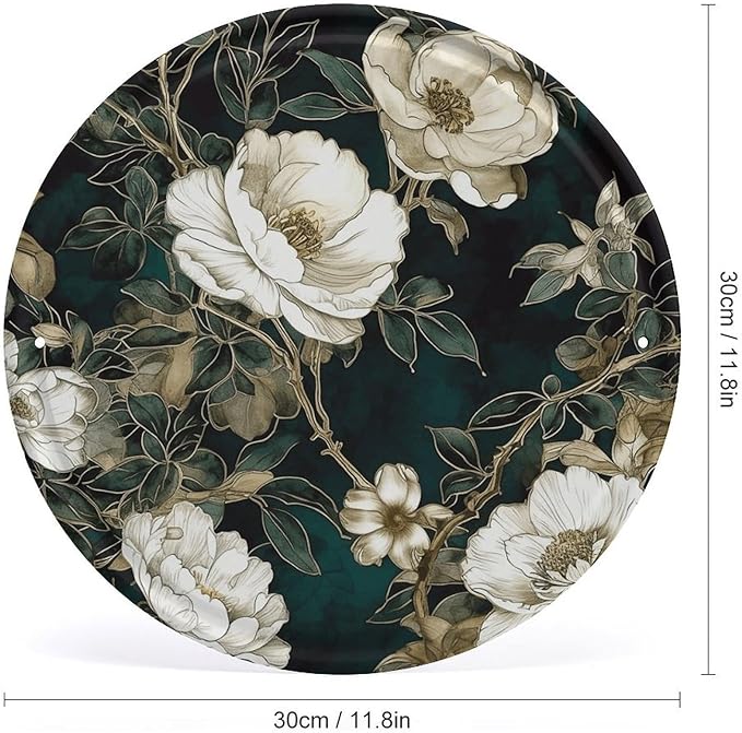 Wall Picture, with White Flowers Printed Circular Iron Hanging Picture,Wall Art Decor,Home for Bedroom Living Room Bathroom Decor,Iron Painting 11.8X11.8 in