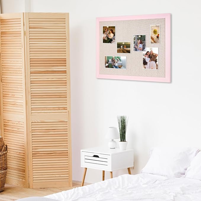 DOLLAR BOSS Bulletin Board with Linen 24'' x 18'' Pink Framed Cork Boards for Walls, Photo Display Pin Board, Decorative Corkboard for Office Home School Girls Dorm Decor with 10 Pushpins, White