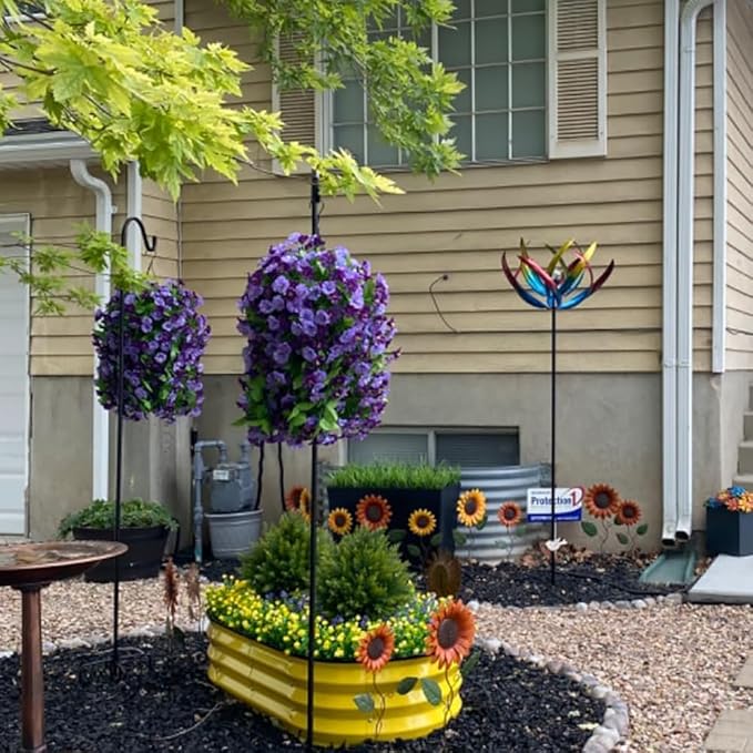 Artificial Flowers with Hanging Basket, Outdoor Faux Plants Silk Morning Glory Vines, Fake Green Arrangement for Garden Patio Spring Summer Decor(Purple)