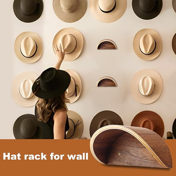 Cowboy Hat Rack for Wall,2 Pack Wooden Hat Holder,with Satin Finish Hat Hooks,Non-Damage Brim Design Can Keeps Original Shape of Hat, for Western Hat Organizer (Walnut Wood)