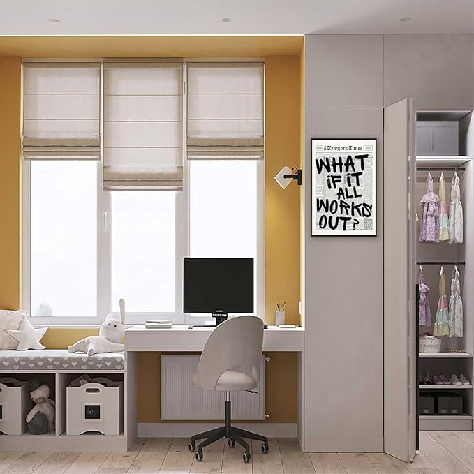 Retro Black And White Newspaper Poster What If It All Works Out Canvas Wall Art Positive Affirming Quote Minimalist Prints Painting For Home Bedroom Dorm Wall Decor 12x18in Framed