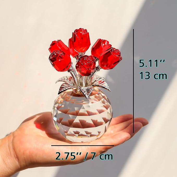 Ornalrist Crystal Red Rose Figurines Gifts for Women, Glass Bouquet Ornament for Mother's Day Birthday Christmas Ruby Collectible Flowers Anniversary Floral Presents for Her (Red)