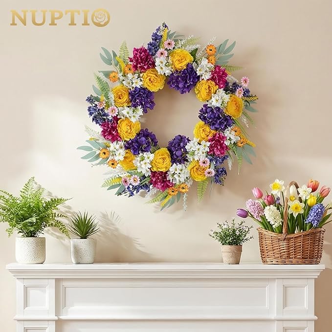 NUPTIO Summer Wreath for Front Door: 26 Inch Spring Wreaths with Hydrangea Daisy Peony Ranunculus Dahlia Hanger - Outdoor Realistic Artificial Flowers Holiday Decor for Wall Window Porch