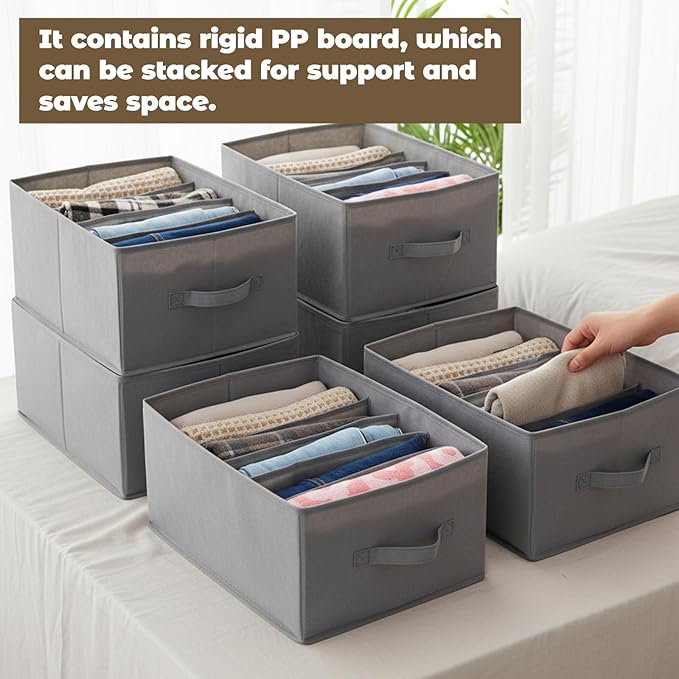 4Pcs Large Foldable Closet Clothing Organizer Boxes, 6 Grids Divider Clothing Organizers, Frame Support Wardrobe Closet Organizer with Handles, for Clothes, Pants, Jeans, Sweaters, T-shirts