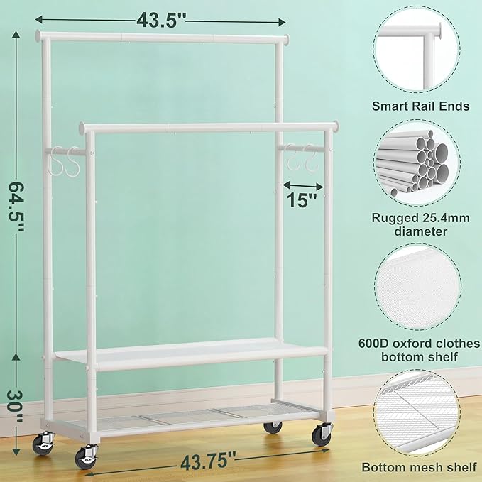 Double Rods Clothes Rack for Hanging Clothes, Heavy Duty Rolling Clothing Rack with Wheels, Freestanding Garment Racks with Oxford Bottom Shelf and Mesh Bottom Shelf for Bedroom Laundry Living Room