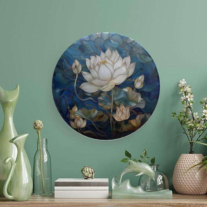 Stained Glass Theme Decorative Ceramic Plate Round Porcelain Plate,8 inch,Flowers in The Pond Pattern,for Decorative Ornaments Giving Plates, 1 Plate with 1 Display Stand,Blue White
