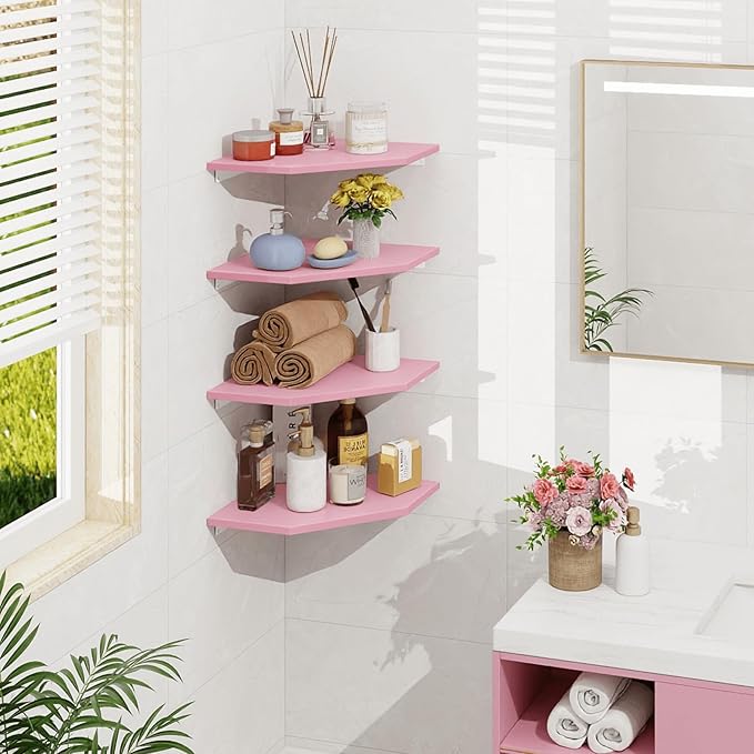 Homode Corner Shelf Wall Mount, Set of 4 Corner Floating Shelves, Wood Hanging Storage Shelving with Cord Hole, Wall Shelf Organizer for Bathroom Bedroom Living Room Office, Pink