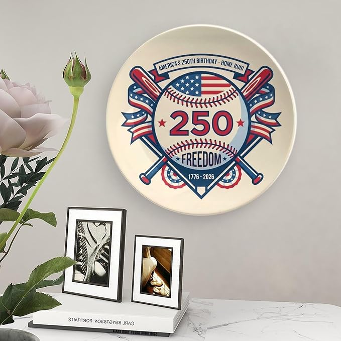 250th Anniversary Decorative Plates 8 Inch Baseball Theme Patriotic Decorations Commemorative Plates with Stand Independence Day 4th of July Semiquincentennial Decor