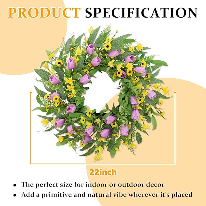 Spring Summer Wreaths for Front Door,22 Inch Artificial Purple Tulip Wreath with Wildflowers,Eucalyptus Leaves for Indoor Outdoor Wall Porch Festival Farmhouse Home Holiday Decor.