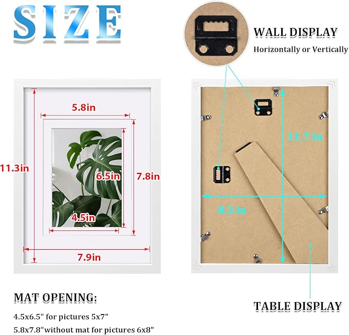 Egofine A4 Picture Frames Set of 4, Made of Solid Wood Covered by Plexiglass 5x7 and 6x8 with Mat or A4 whitout Mat, for Table Top Display and Wall Mounting Photo Frame White