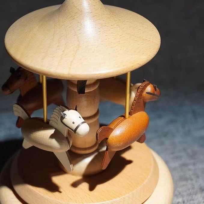 Natural Solid Wood Handcrafted Beech Wooden, Musical FigureTotoro/Carousel/Fairy/Ballerina Figurine,Rotating Hand Crank Mechanism Music Box,Musical Decorations (Merry-go-Round)