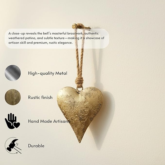 Rustic Iron Wall Accent for Home Decor | Handmade Metal Hanging Décor with Jute Rope | Golden Heart Design (4" & 3.5") Indoor & Outdoor Decoration (Set of 2)