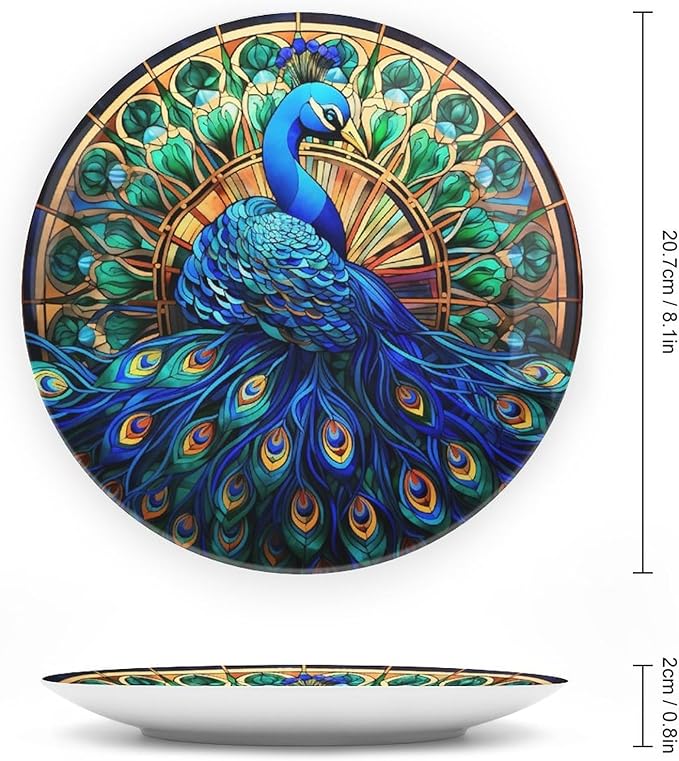 Decorative Plates, Watercolor Peacock Stained Glass Design Display Plate for Home Office Kitchen Table Decor Porcelain Plates 8 Inch, Gifts for Peacocks Lover
