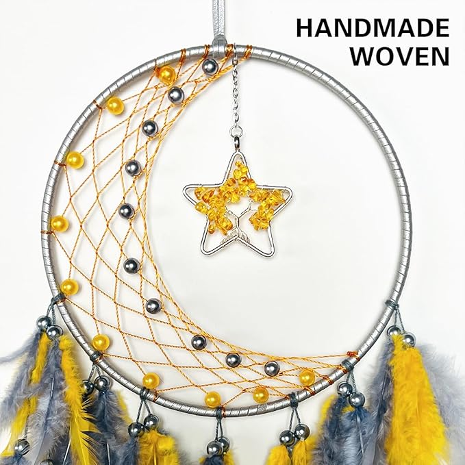 Dream Catcher Tree of Life Wall Decor,Sun Catcher,Moon Dream Catchers for Girl,Boho Bedroom Decor for Home,Handmade Feather Wall Decor Hanging Ornament(Yellow)