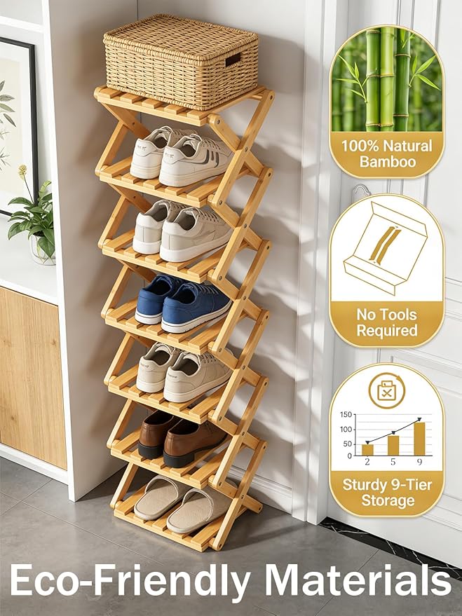 The 9-Tier No-Assembly Bamboo Rack, New Upgrade 9 Tier Bamboo Shoe Rack, Space-Saving Tall Narrow Accordion Shoe Rack for Entryway Closet Dorm (Brown-9)