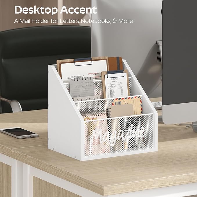 YATINEY Magazine Holder, Wood Magazine Rack Floor, Mail Organizer Countertop, Magazine Mail Holder Sorter, Record Holder for Magazines, Books, Newspapers, Tablets, White MR02WW