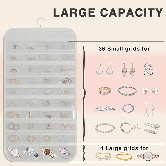 2-Pack Hanging Jewelry Organizer Storage, 40 Pockets 36 Hooks Necklace Earring Necklace Bracelet Ring Organizer, Double - Sided Design, White