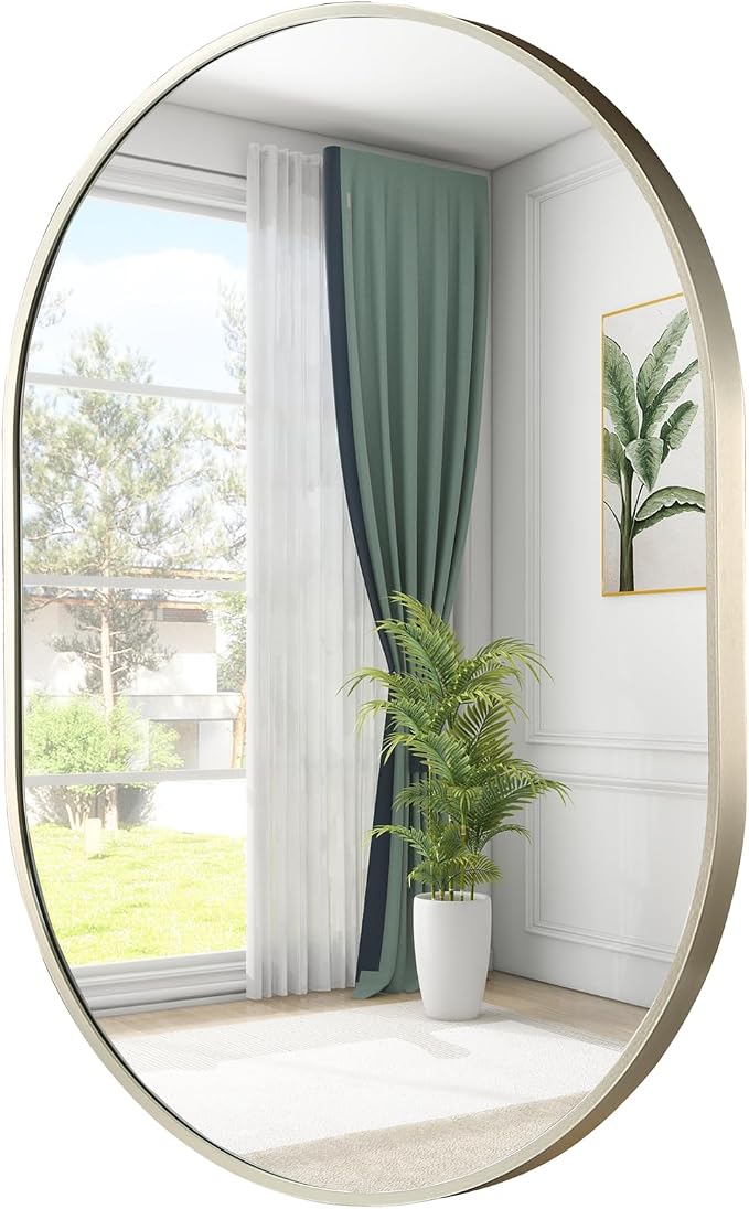 Brushed Nickel Mirror, 24"x36" Oval Bathroom Mirror, Oval Mirror with Brushed Metal Frame, Wall Mount Mirrors Decor for Bathroom, Bedroom, Entryway (Hangs Horizontally or Vertically)
