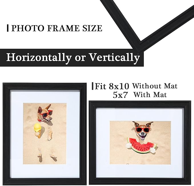 8x10 Picture Frame Black for Wall or Tabletop Display with Real Glass, 8x10 Art Wooden Frame with Mat of 5x7 Photo for Home Decor Gifts