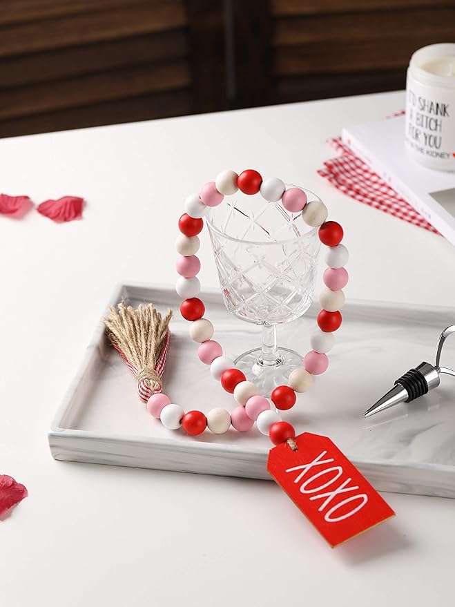 Valentine’s Day Wood Bead Garland with Tassels and XOXO Wooden Embellishments Rustic Farmhouse Tiered Tray Wedding Decorations Home Decor (Red & White XOXO)