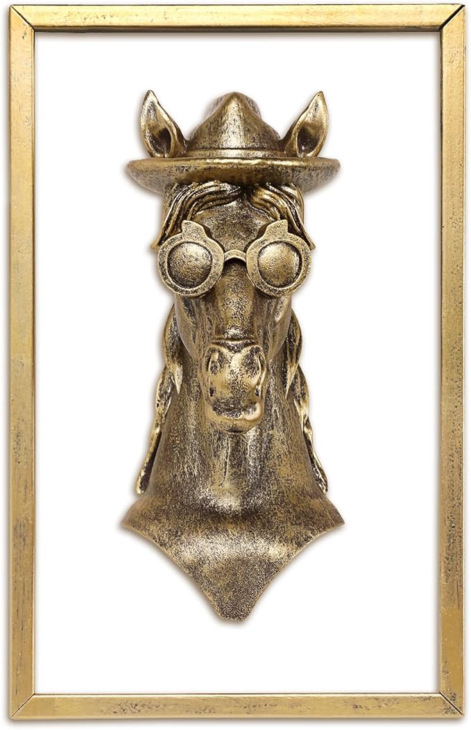 Newinhome Animal Heads Wall Decor (Includes Metal Frame) Resin Animals Sculptures Head Wall Hanging Decoration Gold vintage Wall Sculpture for Living Room Bedroom Office(Horse)
