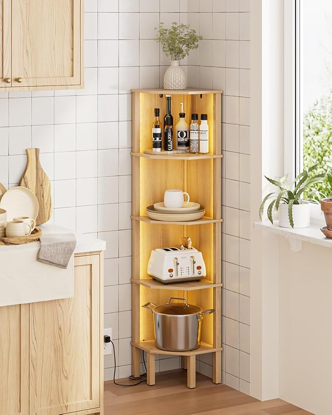 Corner Shelf Stand, 5 Tier Corner Bookshelf with Light,Corner Furniture for Bedroom Display Corner Shelf for Small Space,Wood Shelves with Storage Rack for Living Room,Office,Oak