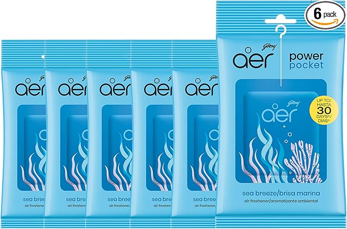 Godrej Aer Power Pocket Sea Breeze Bathroom Fragrance 10 g, 6-Pack, Blue