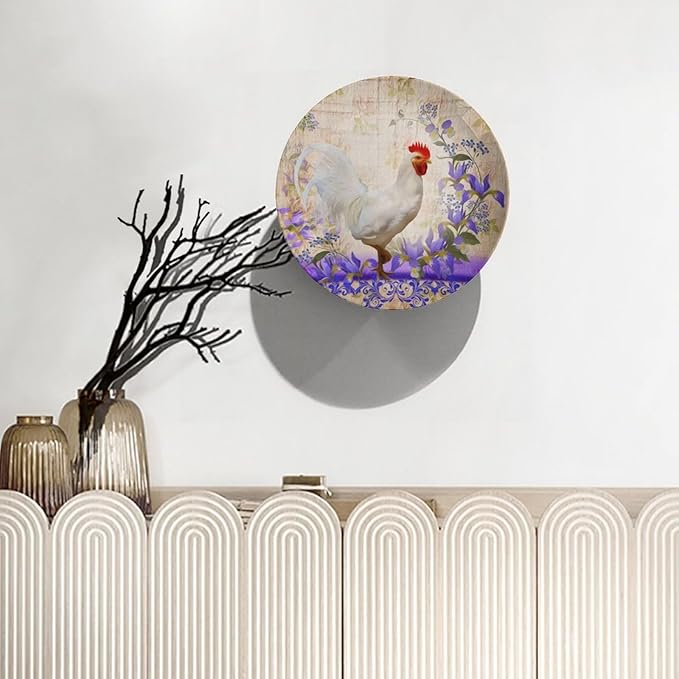 Rooster Decorative Plate Stand, 6 Inch, Purple Wreath Around The Rooster Round Display Plate, Table Top Plate Decor with Stand, Ceramic Craft for Wall Hanging Decorative