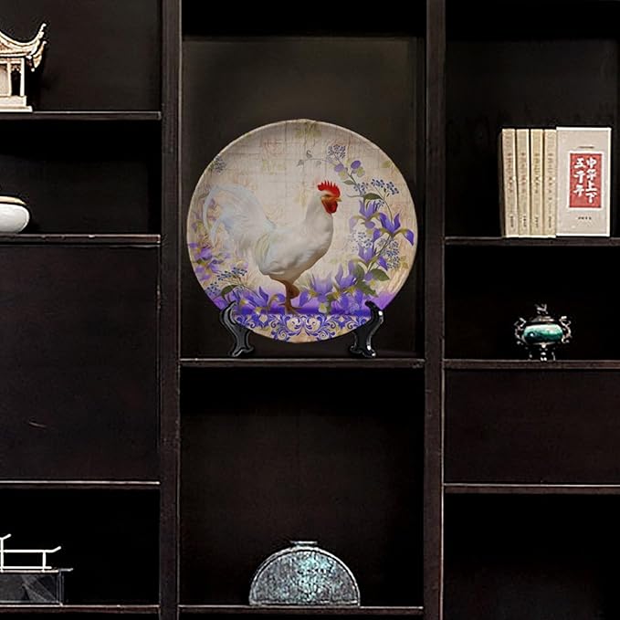 Rooster Decorative Plates, 10 Inch, Purple Wreath Around The Rooster Round Display Plate, Handmade Ceramic Ornament, for Wall Hanging Living Room Bathroom Decor Gift
