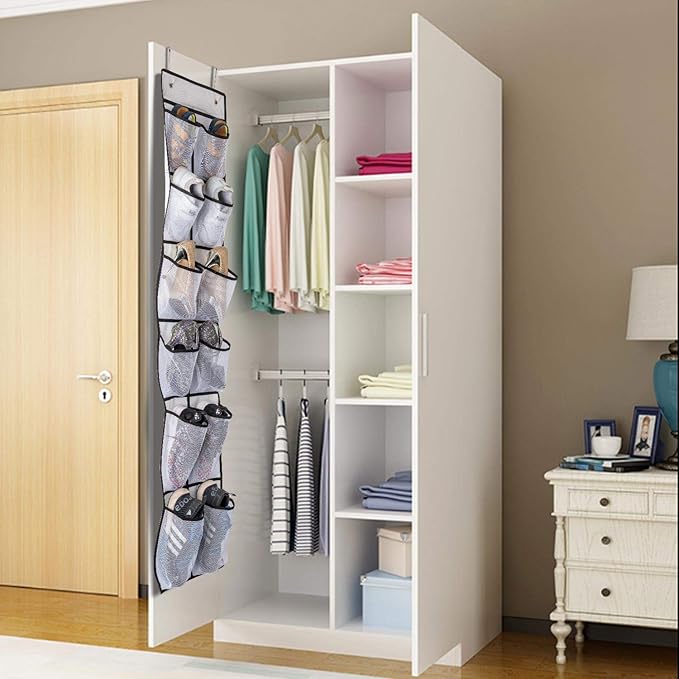 KEEPJOY Over The Door Shoe Organizer 2 Pack,Mesh Pockets Hanging Shoe Rack Over The Door,Shoe Storage Closet with 4 Hooks,Washable and Breathable Fabic,Large Size 57.5×12.6inch(Grey)
