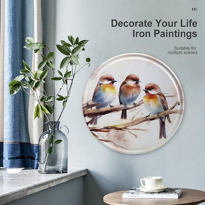 Wall Picture, with Birds Resting on Tree Branch Printed Circular Iron Hanging Picture,Wall Art Decor,Home for Bedroom Living Room Bathroom Decor,Iron Painting 11.8X11.8 in