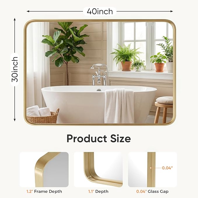 Sweetcrispy Bathroom Wall Mirror, 40x30 Inch Wall Mount Mirror for Over Sink, Modern Rounded Rectangle Vanity Mirrors with Matte Metal Framed, for Home Decor, Living Room, Bedroom, Gold