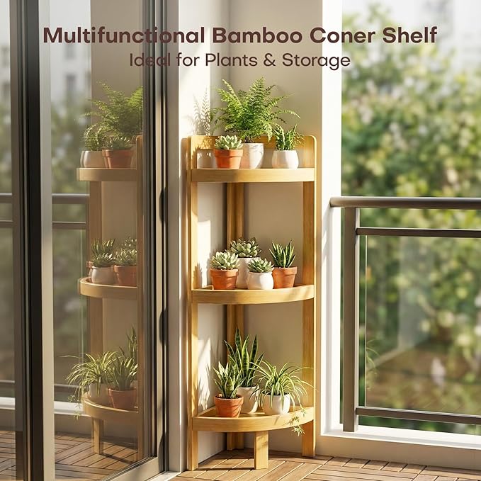2026 New Bamboo Standing Shelf, 3 Tier Corner Shelf Stand, Free-Standing Shelf Units, Triangular Curved Corner Shelf Stand for Space-Saaving Display Ideal for Bathroom/Kitchen/Living Room Storage