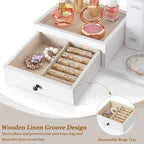 VINAEMO Jewelry Organizer Hanging Wall Mounted Jewelry Holder with Rustic Wood Drawer & Large Capacity Storage Shelf Rack Display for Earrings Rings Necklaces Bracelet(White Iron)