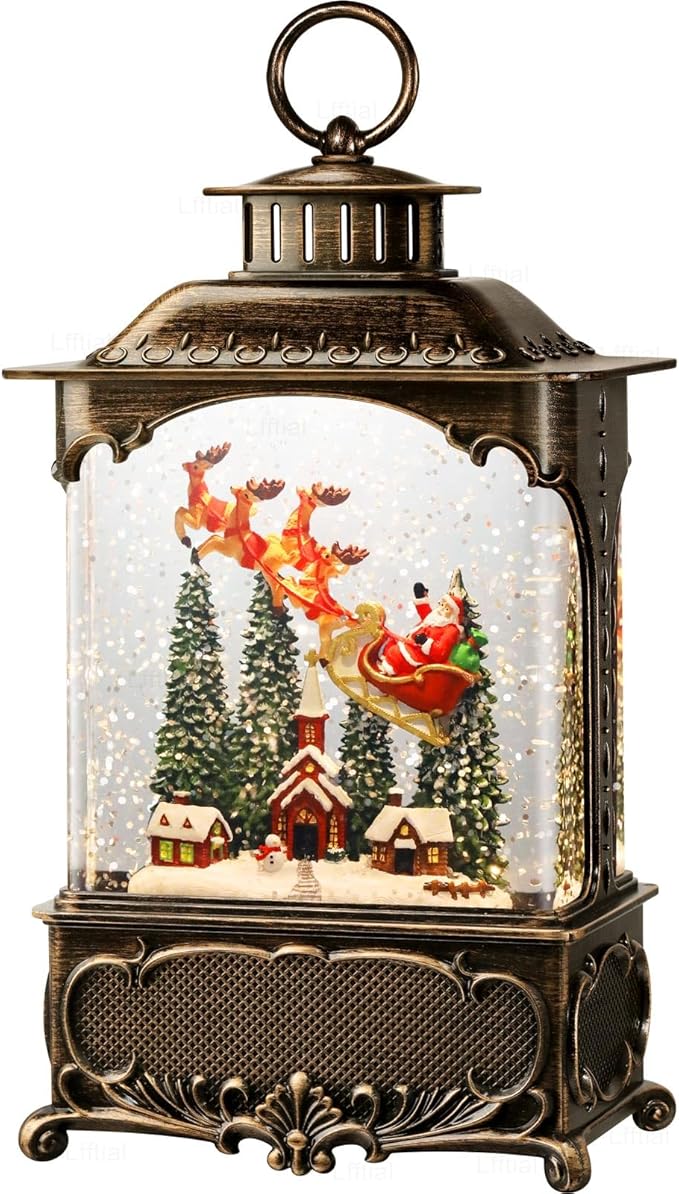 Christmas Snow Globes Village Snow Globe Lantern, Lighted Christmas Decorations Indoor for Home with Music Timer Glitter, Santa Claus Church Scene Festival Gifts, USB & Battery Operated