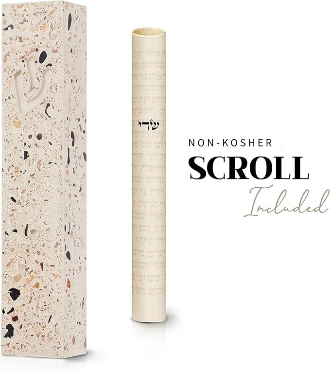 SURI Mezuzah for Door – 6 Inch Terrazzo Pink Concrete Mezuzah Case with Printed Scroll, Self-Stick Jewish Entry Design, Fits a 5 Inch Scroll, Gift Box Included