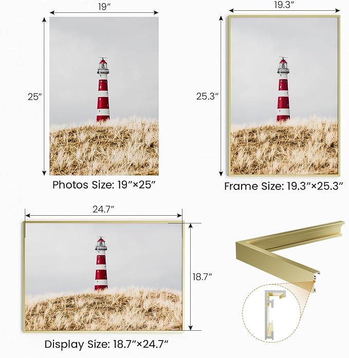 19x25 Aluminum Metal Picture Frame,Tempered Glass Gold Photo Frame 19x25 for Family Photo,Posters,Art,Document to Wall Mount Horizontally or Vertically