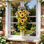 23.6inch Artificial Sunflower Swag for Front Door Faux Sunflower Teardrop Swags Wreath with Linen Bow Spring Summer Floral Swag for Farmhouse Wall Window Cabinet Decor
