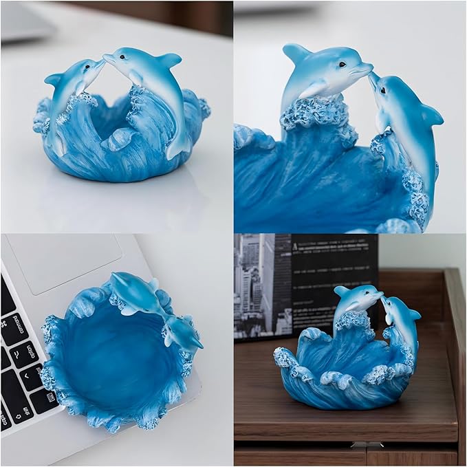 Dolphin Resin Statue with Wave Base,Coffee Table Decor,Small Desktop Decor for Home Office Shelf, Mini Bowl for Keys Coins Jewelry, Romantic Gift for Mom Girlfriend Grandma.