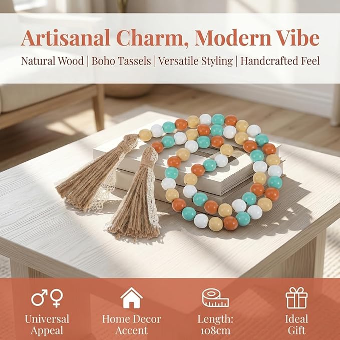 Wood Beads Garland with Tassels, 42.4in Farmhouse Rustic Style Colorful Wood Beads String, Large Antique Wooden Prayer, Boho Home Festival Decor Garland Rosary Rope