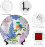 Flower Theme Decorative Ceramic Plate Round Porcelain Plate,10 inch,Bird Watercolor Pattern,for Decorative Ornaments Giving Plates,1 Plate with 1 Display Stand,Blue Purple